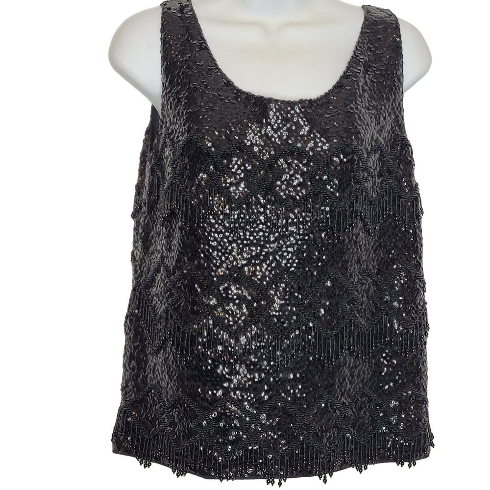 MCM Beaded Sequin Tank Top 50s 60s Black Zip Back Hong Kong Vintage Medium